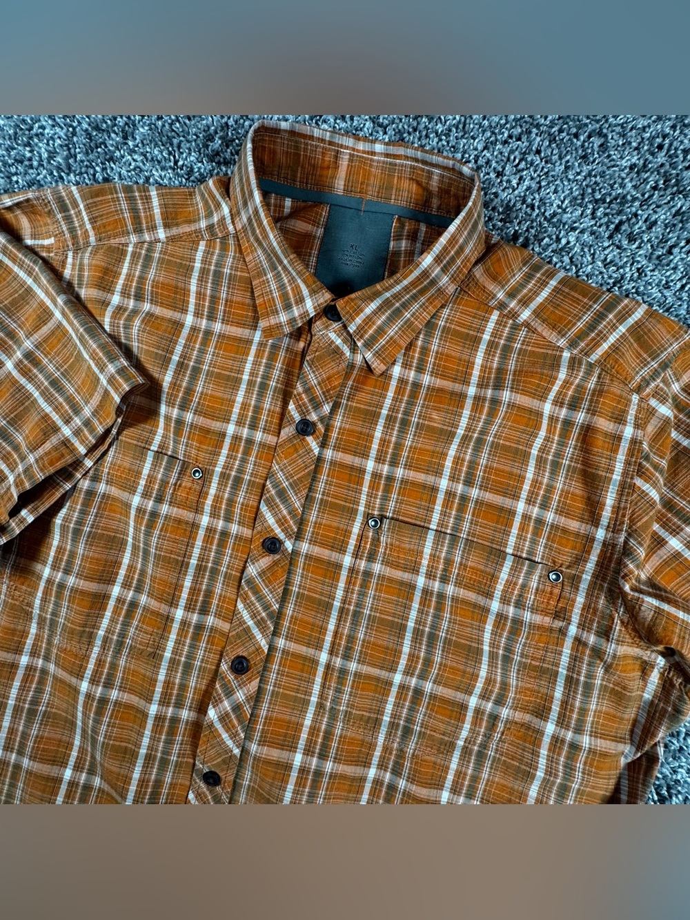 REI Mens XL Orange Plaid Cotton Nylon Short Sleeved Button Down Shirt Hiking